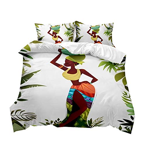 Sticker Superb. Juego de Ropa de Cama Mujer Africana Impresión 3D Étnico Geométrico Graffiti Blanco Verde Marrón Negro Púrpura Chica Poliéster Funda Nórdica y Funda de Almohada (Verde,Cama 180 cm)