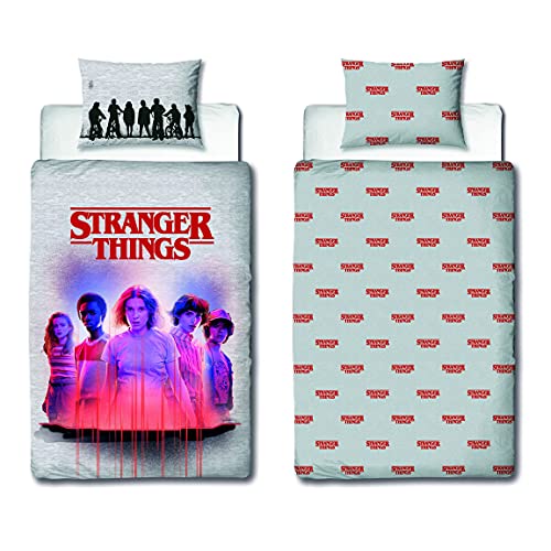 Stranger Things - Funda de edredón para cama individual, con licencia oficial, diseño reversible de 2 caras con funda de almohada a juego, polialgodón, gris (individual)