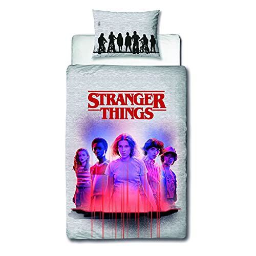Stranger Things - Funda de edredón para cama individual, con licencia oficial, diseño reversible de 2 caras con funda de almohada a juego, polialgodón, gris (individual)