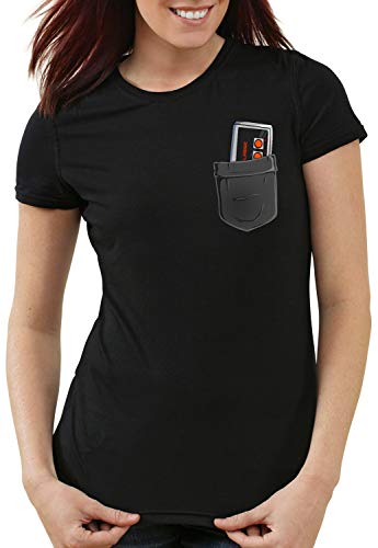 style3 NES Bolsillo Camiseta para Mujer T-Shirt, Color:Negro, Talla:S