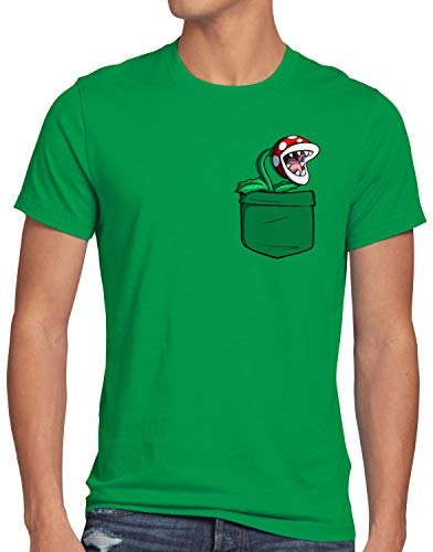 style3 Planta Piraña Bolsillo Camiseta para Hombre T-Shirt Pocket Mario Switch SNES, Talla:M, Color:Verde