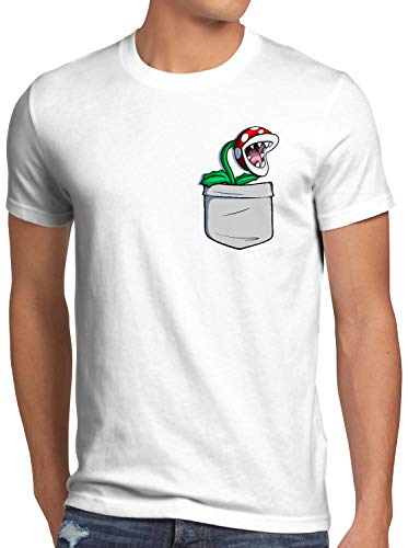 style3 Planta Piraña Bolsillo Camiseta para Hombre T-Shirt Pocket Mario Switch SNES, Talla:S, Color:Blanco