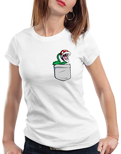 style3 Planta Piraña Bolsillo Camiseta para Mujer T-Shirt Pocket Mario Switch SNES, Talla:XS