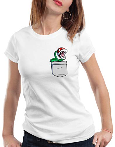 style3 Planta Piraña Bolsillo Camiseta para Mujer T-Shirt Pocket Mario Switch SNES, Talla:XS