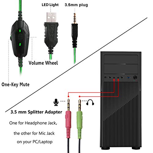 Stynice Cascos Gaming, Cascos PS4 con Microfono per PC/PS5/Xbox One/Laptop/Mac-Stereo Surround Headset con Cuffie morbide con Jack da 3,5 mm LED Verde (Cavo Splitter Incluso)