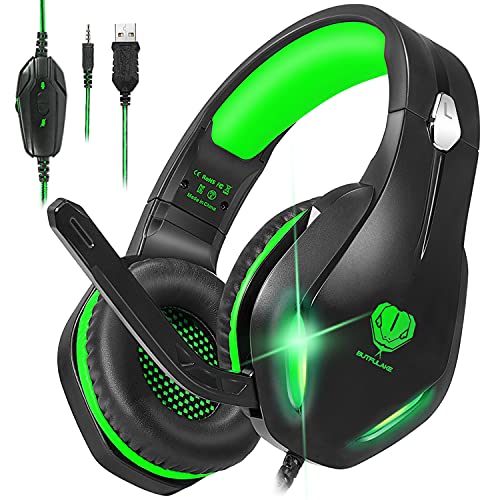 Stynice Cascos Gaming, Cascos PS4 con Microfono per PC/PS5/Xbox One/Laptop/Mac-Stereo Surround Headset con Cuffie morbide con Jack da 3,5 mm LED Verde (Cavo Splitter Incluso)