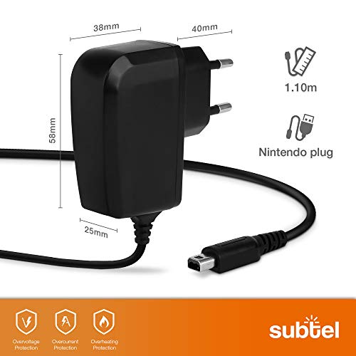 subtel® Cargador 1,1m Compatible con Nintendo DSi/DSi XL / 2DS / 2DS XL / 3DS / 3DS XL, Cable Carga System Connector 5V 1A / 1000mA Fuente de Alimentación Adaptador CA