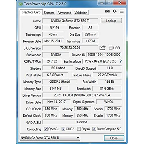 SUCHUANGUANG Portátil NVIDIA GTX 550 Ti Piecei-e 2.0 Tarjeta gráfica discreta 6GB DDR5 192 bit Compatible con HDMI para Tarjeta gráfica de Reproductor Profesional
