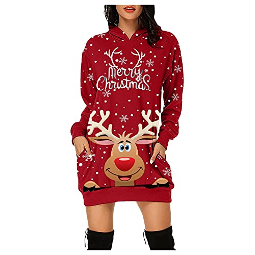 Sudadera con Capucha para Mujer Manga Larga Vestidos Suéter Navidad Longitud Media Delgada y Elegante Jersey Pullover Motivo de Alce Navideño Vestido para Navidad Otoño Pullover Sweatshirts XXL