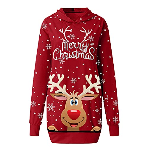 Sudadera con Capucha para Mujer Manga Larga Vestidos Suéter Navidad Longitud Media Delgada y Elegante Jersey Pullover Motivo de Alce Navideño Vestido para Navidad Otoño Pullover Sweatshirts XXL