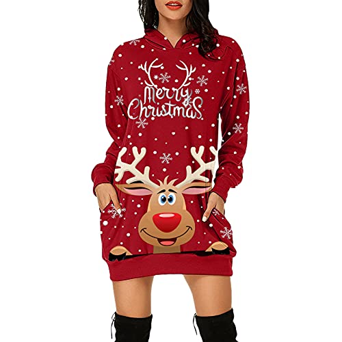Sudadera con Capucha para Mujer Manga Larga Vestidos Suéter Navidad Longitud Media Delgada y Elegante Jersey Pullover Motivo de Alce Navideño Vestido para Navidad Otoño Pullover Sweatshirts XXL
