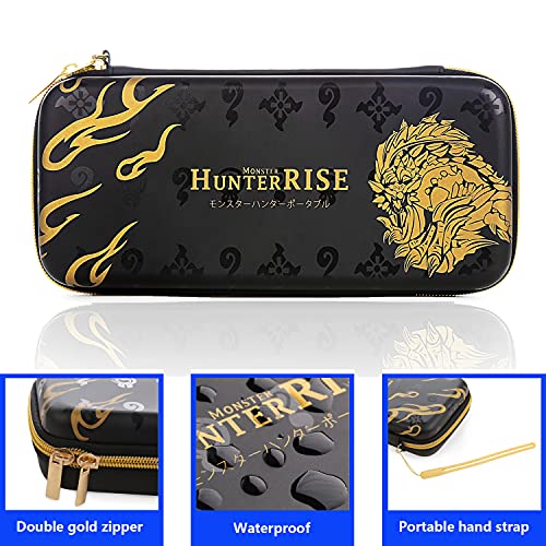 SUITCAN Funda rígida para Nintendo Switch, diseño de Monster Hunter Rise con 12 ranuras para tarjetas de juego y 4 tapas para el pulgar y bolsa de viaje para consola NS y accesorios (2 en 1)