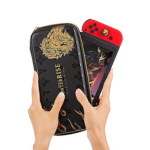 SUITCAN Funda rígida para Nintendo Switch, diseño de Monster Hunter Rise con 12 ranuras para tarjetas de juego y 4 tapas para el pulgar y bolsa de viaje para consola NS y accesorios (2 en 1)