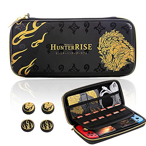 SUITCAN Funda rígida para Nintendo Switch, diseño de Monster Hunter Rise con 12 ranuras para tarjetas de juego y 4 tapas para el pulgar y bolsa de viaje para consola NS y accesorios (2 en 1)