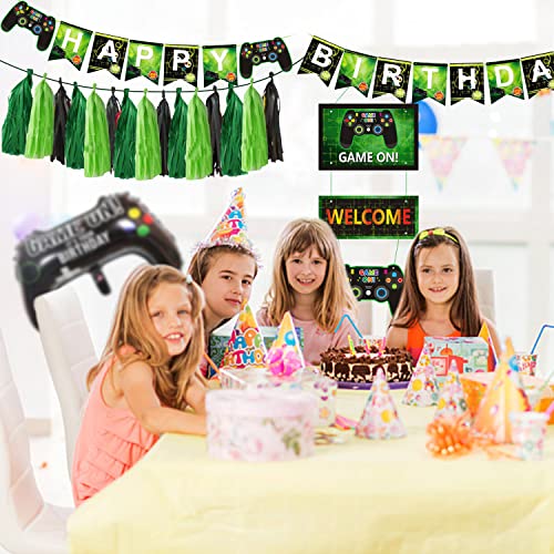 Suministros de fiesta de videojuegos, decoración de fiesta de cumpleaños con Banner de feliz cumpleaños BIENVENIDO Decoración colgante, 2 globos de fiesta de juego, 15 borla