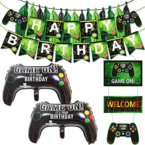 Suministros de fiesta de videojuegos, decoración de fiesta de cumpleaños con Banner de feliz cumpleaños BIENVENIDO Decoración colgante, 2 globos de fiesta de juego, 15 borla