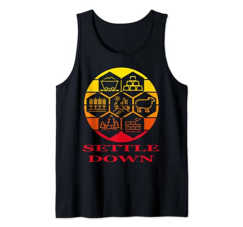 Sunset Wood Sheep Wheat Ore Settle Down Settlers Juego de mesa Camiseta sin Mangas