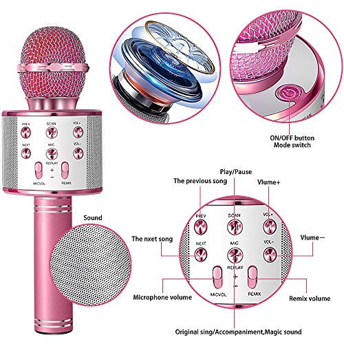SunTop Micrófono Karaoke Bluetooth, Microfono Inalámbrico Karaoke, Portátil con Altavoz y Luces LED, Reproductor KTV doméstico con función de grabación