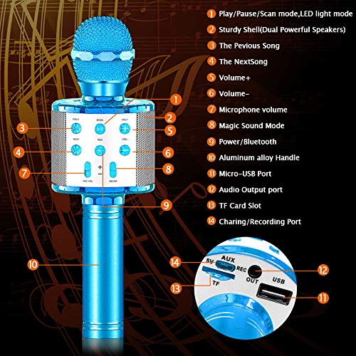 SunTop Micrófono Karaoke Bluetooth, Microfono Inalámbrico Karaoke, Portátil con Altavoz y Luces LED, Reproductor KTV doméstico con función de grabación
