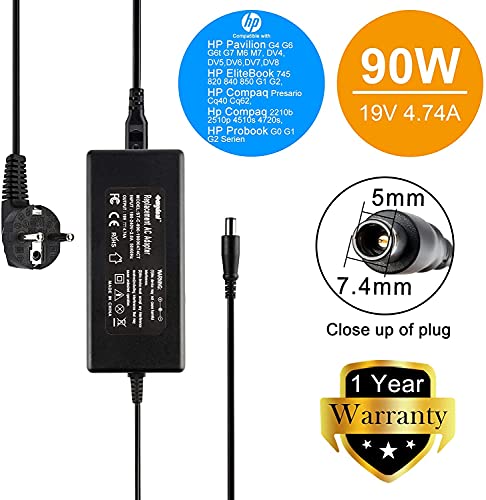 Sunydeal Cargador Adaptador Fuente de Alimentación para Portátil HP , 19V 4.74A, 90W, 7.4 x 5.0mm , Compatible con HP Pavilion G4 G6 G6t G7 M6 M7, HP EliteBook 745 820 840 850 G1 G2, HP Compaq Presario Cq40 Cq62, Hp Compaq 2210b 2510p 4510s 4720s, HP Prob