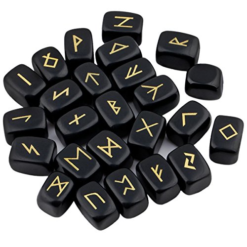 SUNYIK Juego de piedras de runa de obsidiana negra natural con letras grabadas en el alfabeto de Futhark con kit de cristal curativo pulido