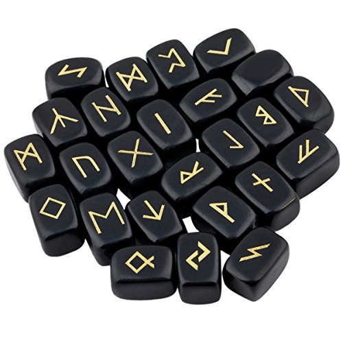 SUNYIK Juego de piedras de runa de obsidiana negra natural con letras grabadas en el alfabeto de Futhark con kit de cristal curativo pulido