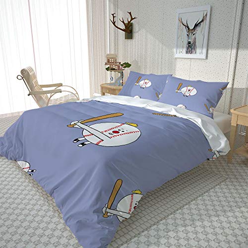 Super King Duvet Cover Set Zipper Closure 87 x 102 Inch(220 x 260cm) Purple White Baseball 3D Printed Bedding Soft Duvet Cover Microfiber Quilt Bedding Set with 2 Pillowcases