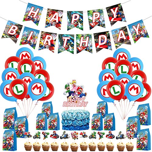 Super Mario Birthday Party Supplies Mario Kart Theme Party Supplies Contiene Mario Bros Banner Cake Topper Geschenkbeutel globos para Mario decoraciones de cumpleaños