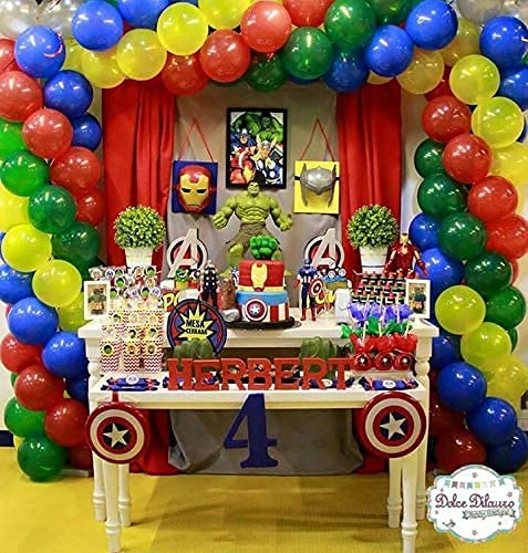 Superhéroes Globos, 100 Arco de Guirnalda Globos Rojo Amarillo Azul Verde de Látex, Decoración Cumpleaños Boda Fiesta Aniversario con Cinta de Tira de Globos