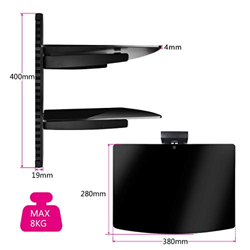 Suptek Soporte de Pared para 2 estantes flotantes(Vidrio Templado) de DVD/Cajas de Cable/Consolas de Juegos/Accesorios de TV, Negro CS202