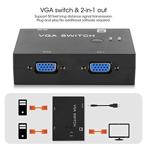 Switch VGA 2 Port Box, VGA Splitter Accesorio para computadora 2-In-1-Out 2 Port Switcher Accesorios de pantalla HD para Host Switch Two Way VGA Vedio Switch para PC TV Monitor
