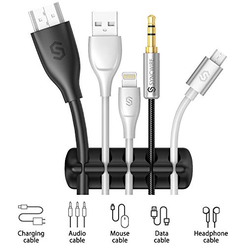 Syncwire Organizador Clip de cable [5 unidades] administrador mini soporte de cable con ganchos adhesivos Soporte para cable de alimentación y accesorio de carga cable de mouse, PC, oficina y hogar