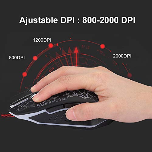 T angxi Ratón para Juegos con Cable de 6 Botones, LED USB con Cable Ratones ergonómicos para Juegos Ajustable 800-2000 dpi Computadora Lapto PC de Escritorio Ratón LED(Negro)