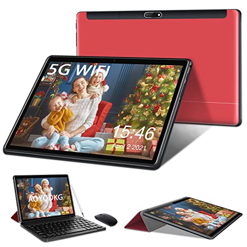 Tablet 10 Pulgadas Baratas y Buenas 5G WiFi Android 10.0 Tableta con Procesador Quad-Core, 800 * 1280 FHD Display, 64 GB Ampliables hasta 128 GB, Teclado/Ratón/OTG/Bluetooth - Rojo