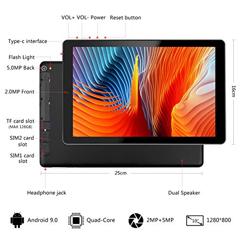 Tablet 10 Pulgadas YOTOPT, 4GB de RAM y 64 GB de Memoria, Android 9.0 Dobles SIM y TF, GPS WiFi Soporte (Negro)