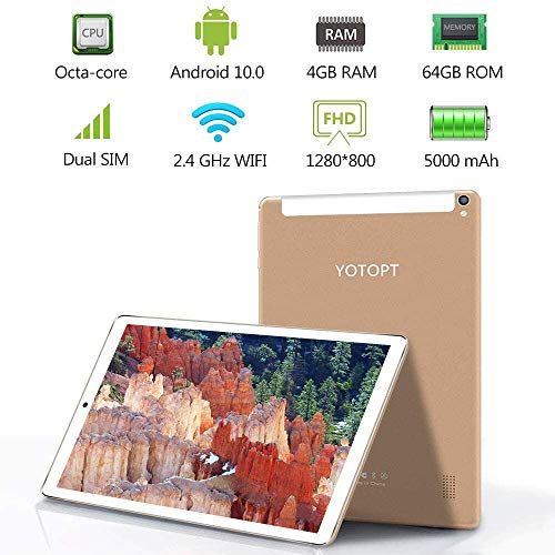 Tablet 10 Pulgadas, YOTOPT Android 10.0 Tablet PC con SIM, Processor SC9863 Octa-Core 1.6Ghz, 4GB RAM, 64GB ROM, 128GB Expandible, WiFi, GPS, Bluetooth 4.2, Type-C, Gold