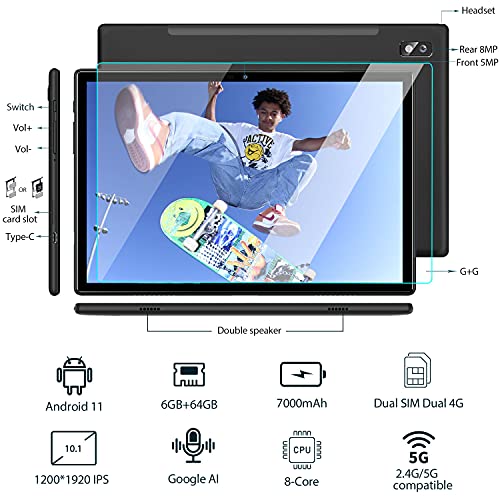 Tablet 10.1 Pulgadas DUODUOGO Android 11 Tableta PC Ultrar-Rápido, 5G WiFi, Octa-Core 2.0 GHz 6GB + 64GB (TF 512GB), 4G Dual SIM/SD,FHD 1920x1200 / 5+8MP Cámara/Bluetooth 5.0 / GPS/Type-C - Negro