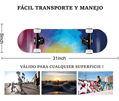 TACKLY Skateboard Adulto Completo 7-9 Capas/Layers – monopatín Skate 31”x8 Madera de Arce para niños y Adultos Unisex – Apto para Todos los Niveles Principiante intermedio avanzado (Cosmos)