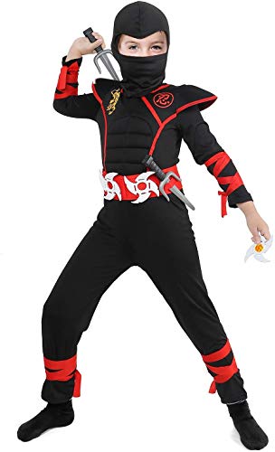 Tacobear Disfraz de Power Ninja para Niño Disfraz Infantil de Halloween Negro y Rojo 3-12 años (L (8-10 años))
