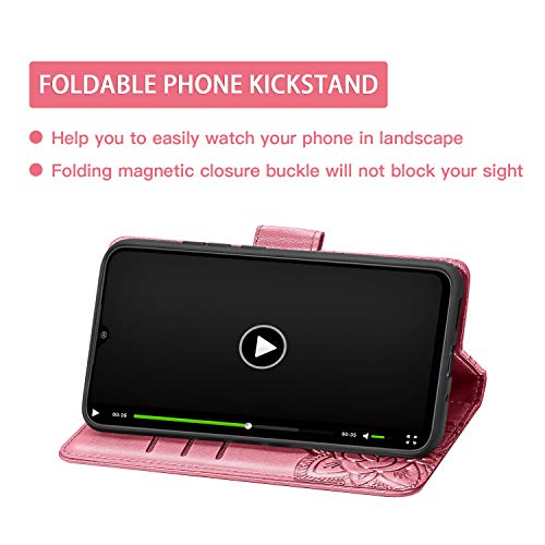 TANYO Funda Folio con Mariposa para el Motorola Moto G9 Play/Moto E7 Plus, Carcasa PU/TPU Cuero Billetera con Efectivo y Tarjetas Ranuras, Leather Case Cover Estuche - Rosado