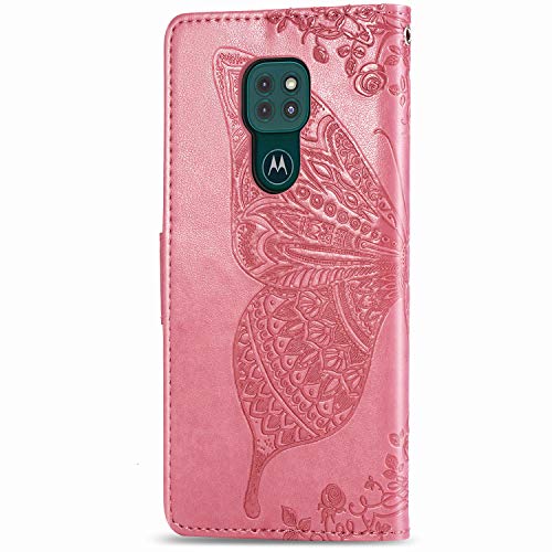 TANYO Funda Folio con Mariposa para el Motorola Moto G9 Play/Moto E7 Plus, Carcasa PU/TPU Cuero Billetera con Efectivo y Tarjetas Ranuras, Leather Case Cover Estuche - Rosado