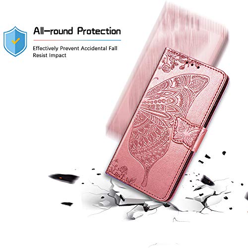 TANYO Funda Folio con Mariposa para el Motorola Moto G9 Play/Moto E7 Plus, Carcasa PU/TPU Cuero Billetera con Efectivo y Tarjetas Ranuras, Leather Case Cover Estuche - Rosado