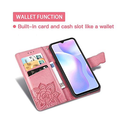 TANYO Funda Folio con Mariposa para el Motorola Moto G9 Play/Moto E7 Plus, Carcasa PU/TPU Cuero Billetera con Efectivo y Tarjetas Ranuras, Leather Case Cover Estuche - Rosado