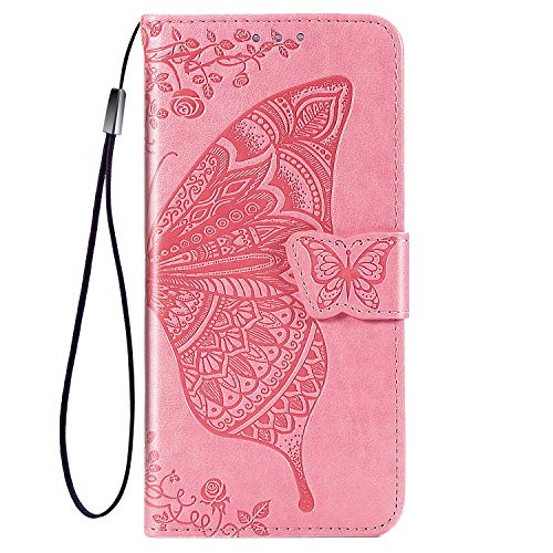 TANYO Funda Folio con Mariposa para el Motorola Moto G9 Play/Moto E7 Plus, Carcasa PU/TPU Cuero Billetera con Efectivo y Tarjetas Ranuras, Leather Case Cover Estuche - Rosado