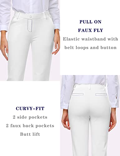 Tapata - Pantalones de vestir elásticos rectos con bolsillos con tallaje tall, petite y regular para oficina, trabajo y negocios, Blanco, Large