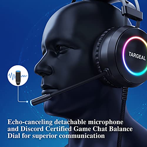 Targeal Auriculares Gaming para PS4 Sonido Envolvente 7.1Driver Audio de 50 mm-Profesional USB Cascos Gaming con Micrófono Cancelación de Ruido,RGB Ultra Ligero, para PS5/Nintendo Switch/Mac/PC