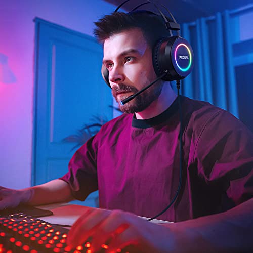 Targeal Auriculares Gaming para PS4 Sonido Envolvente 7.1Driver Audio de 50 mm-Profesional USB Cascos Gaming con Micrófono Cancelación de Ruido,RGB Ultra Ligero, para PS5/Nintendo Switch/Mac/PC