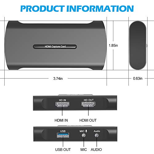 Tarjeta de Captura, Capturadora Video HDMI a USB 3.0 con Entrada de Micrófono y Salida de Audio, 4K@60fps Entrada Baja Latencia para Grabación de Vídeo, Transmisión en Vivo, Uso Compartido de Pantalla
