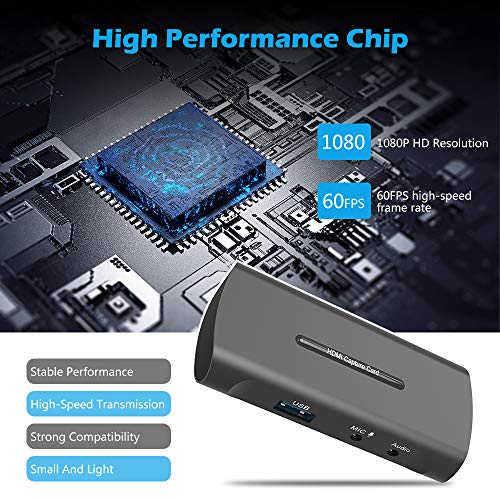 Tarjeta de Captura, Capturadora Video HDMI a USB 3.0 con Entrada de Micrófono y Salida de Audio, 4K@60fps Entrada Baja Latencia para Grabación de Vídeo, Transmisión en Vivo, Uso Compartido de Pantalla