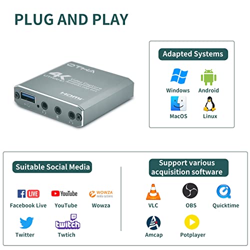Tarjeta de Captura de Juegos, 4K Dispositivo de Captura de Video HDMI USB 3.0, 1080P 60FPS capturadora de Audio para Xbox Series X/S,Xbox One,Nintendo Switch,PS5 PS4 Pro